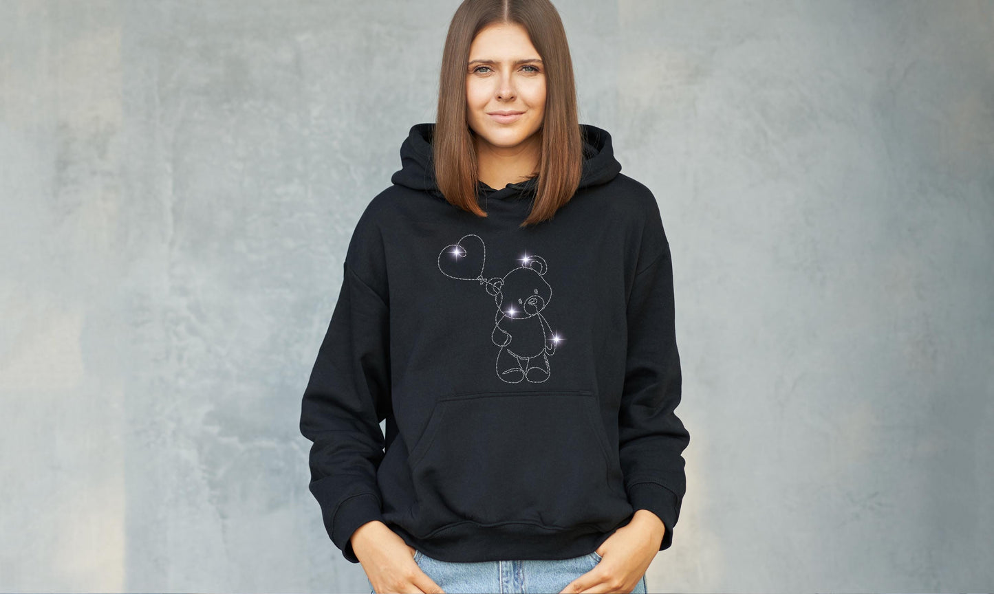 Minimalist Teddy Bear and Balloon Line Art Rhinestone T-Shirt - Sparkling Valentine’s Day Gift - Cute Graphic Tee Valentines Day Gift