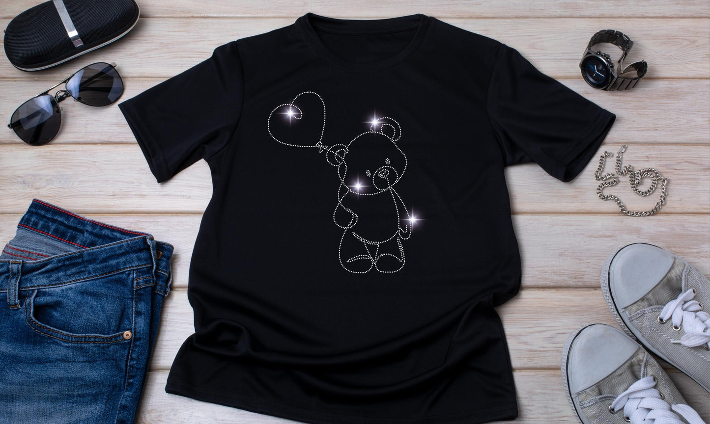 Minimalist Teddy Bear and Balloon Line Art Rhinestone T-Shirt - Sparkling Valentine’s Day Gift - Cute Graphic Tee Valentines Day Gift
