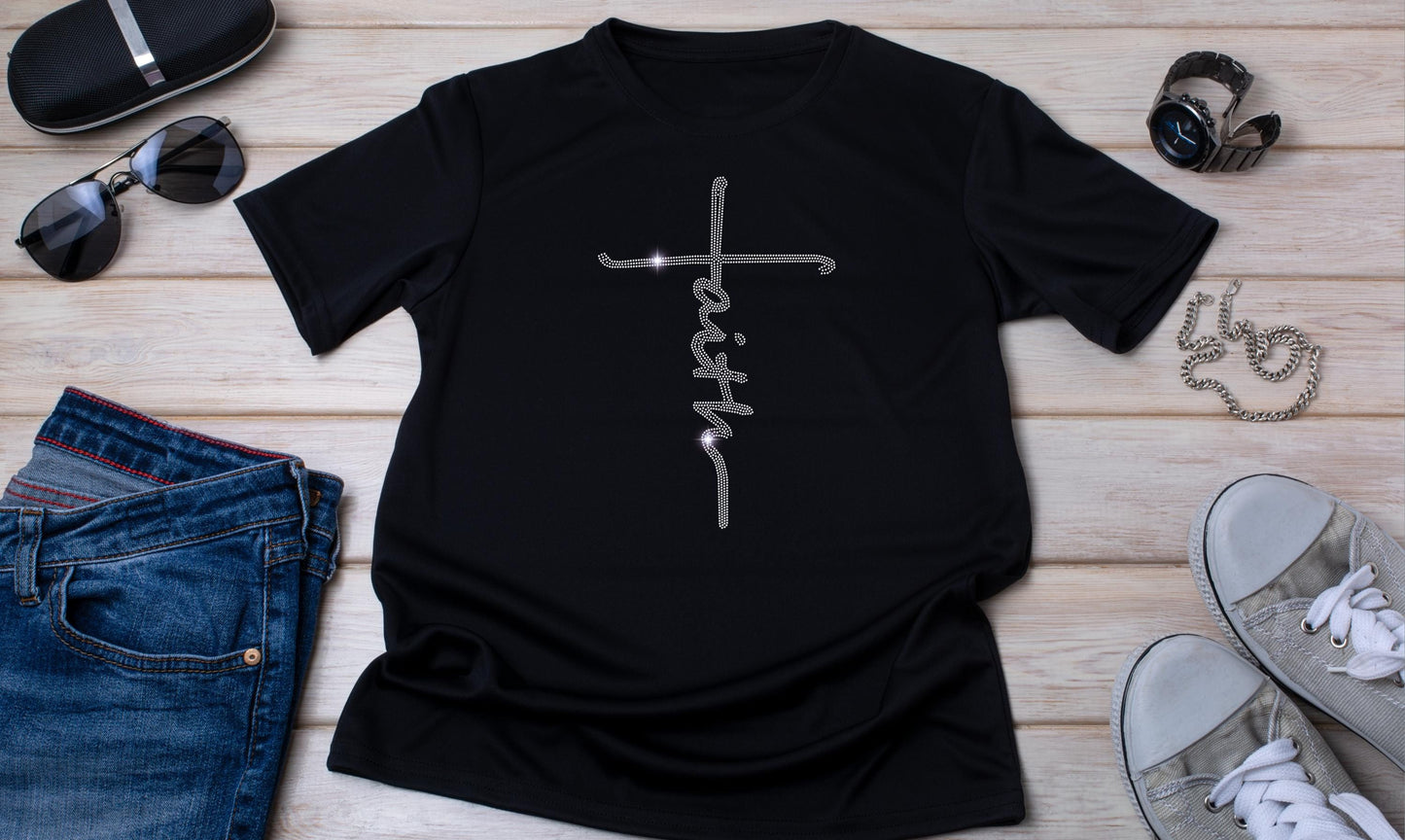Faith Cross Rhinestone T-Shirt - Sparkling Christian Graphic Tee - Religious Faith Shirt - Women’s Inspirational Gift