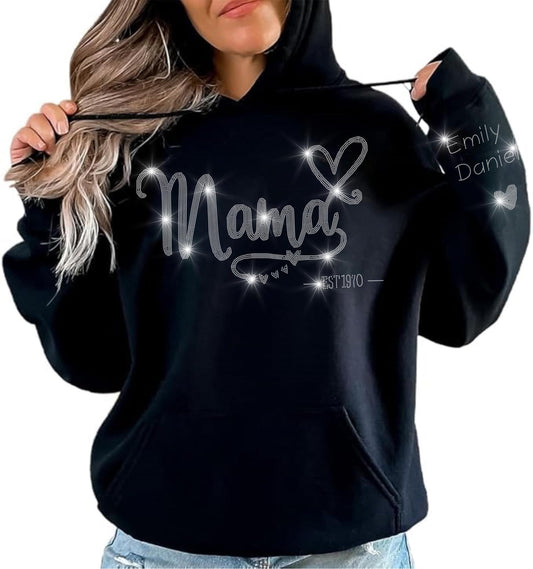 Custom Mama EST Year Rhinestone T-Shirt - Personalized Mama Shirt with Child’s Name on Sleeve - Mother’s Day Gift,  Mom Gift, Birth Year Tee