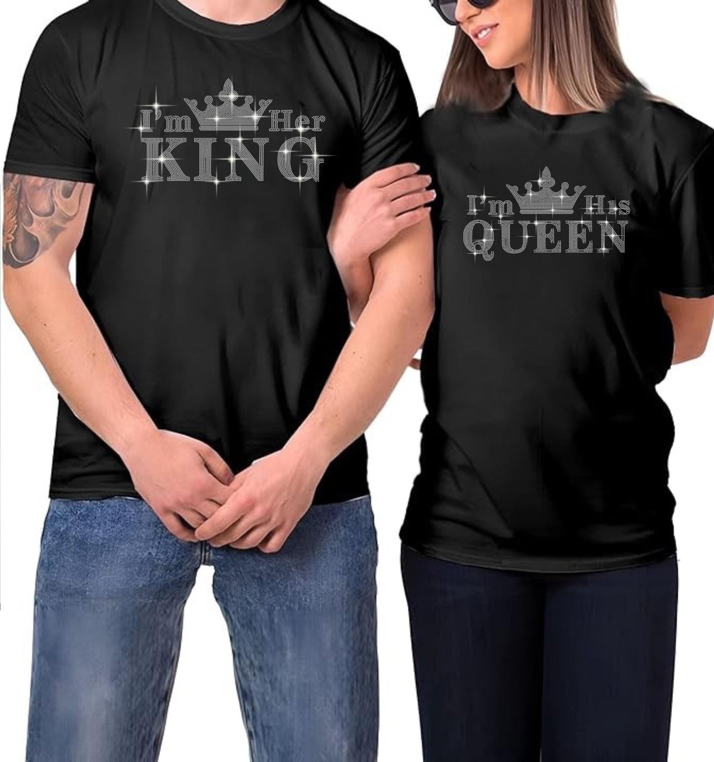 I Am Her King, I Am His Queen Rhinestone Couple T-Shirts or Hoodies - Matching Couple Gift, Anniversary Gift, King and Queen Couples Outfit