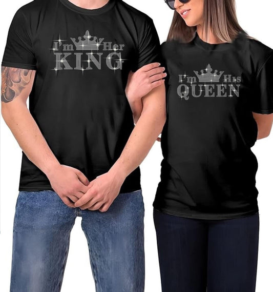 I Am Her King, I Am His Queen Rhinestone Couple T-Shirts or Hoodies - Matching Couple Gift, Anniversary Gift, King and Queen Couples Outfit