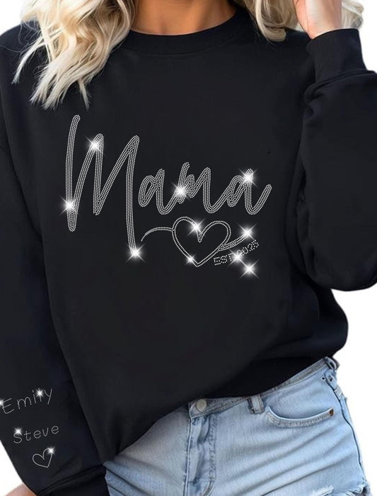 Custom Mom Heart Rhinestone Shirt, Personalized Sleeve with Kids' Names in Heart, Mom Gift, Mother's Day Rhinestone Shirt, Family Tee