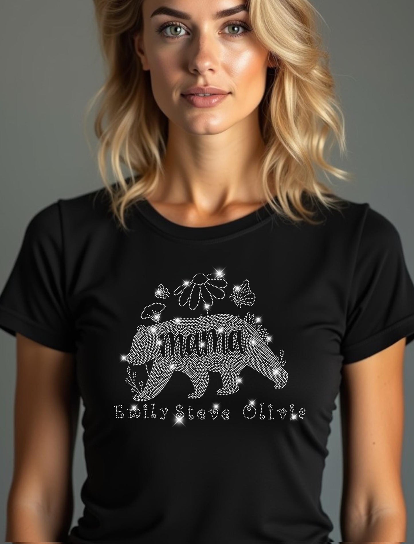 Custom Mama Bear Rhinestone Shirt with Kids' Names - Personalized Bear Mom Tee - Mother's Day Gift, Family Name Shirt, Mom Life Gift