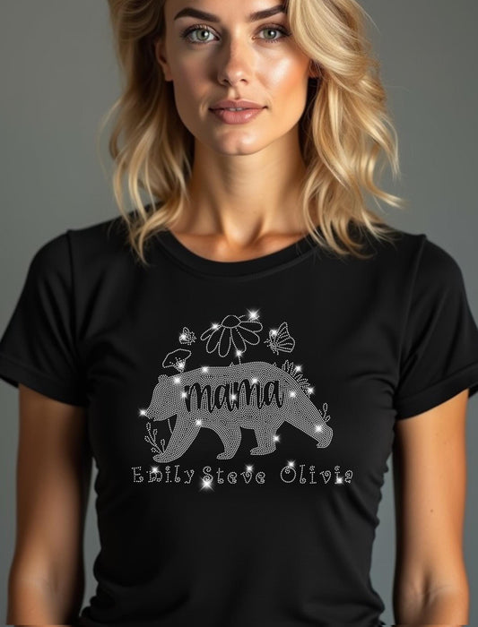 Custom Mama Bear Rhinestone Shirt with Kids' Names - Personalized Bear Mom Tee - Mother's Day Gift, Family Name Shirt, Mom Life Gift