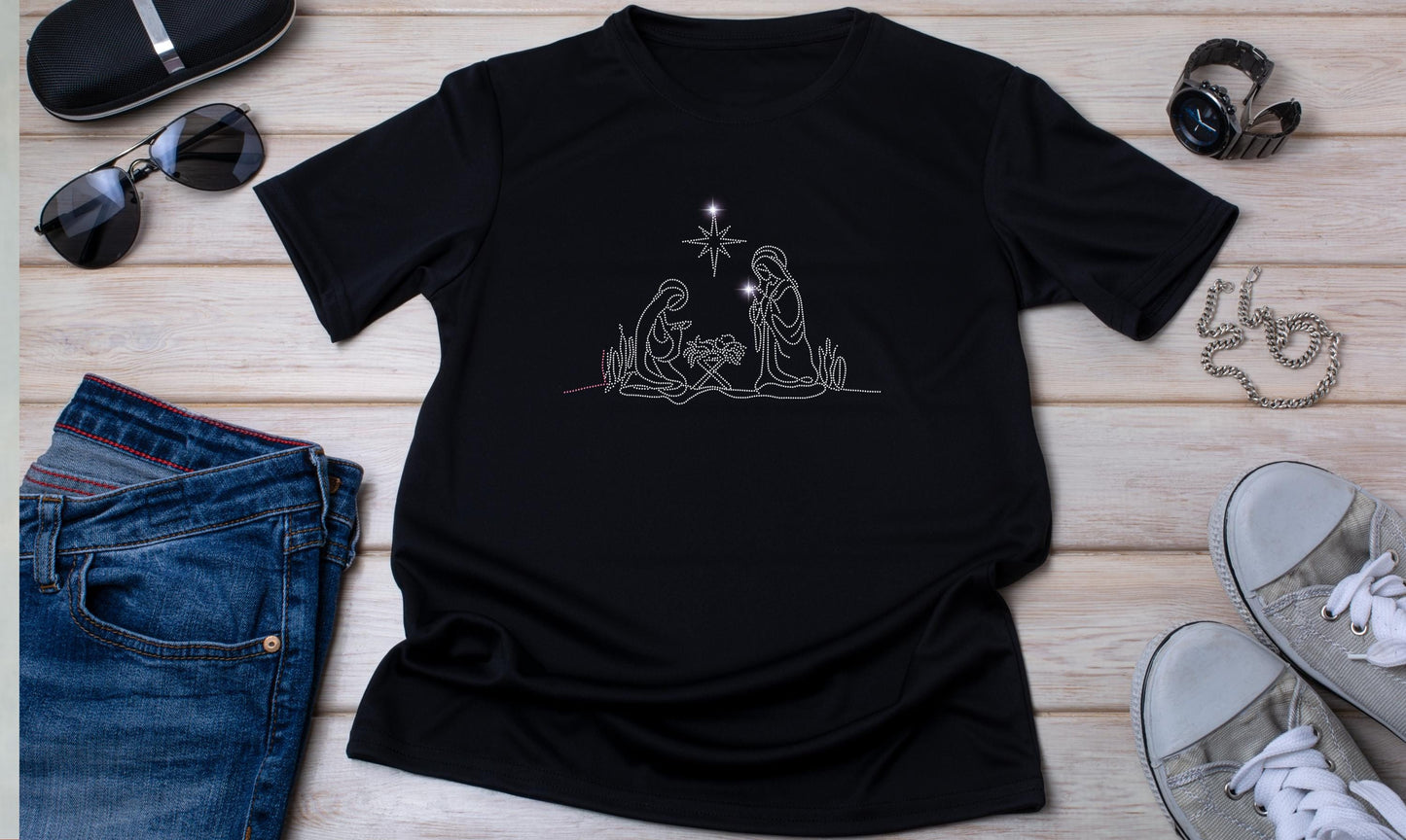 Nativity Scene Rhinestone T-Shirt - Sparkling Christmas Religious Shirt - Holiday Faith-Based Graphic Tee