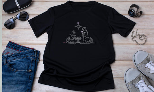 Nativity Scene Rhinestone T-Shirt - Sparkling Christmas Religious Shirt - Holiday Faith-Based Graphic Tee