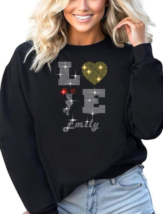 Custom LOVE Rhinestone Shirt - Basketball Cheerleader Design - Personalized Name Tee, Basketball Cheer Mom Shirt, Team Spirit Gift