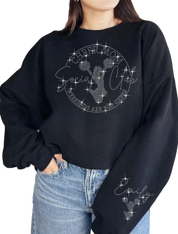 Custom Cheer Mom Social Club Rhinestone Shirt - Weekend for Cheer - Personalized Name & Cheerleader Sleeve Design - Cheer Mom Tee