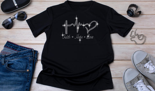 Faith Hope Love Rhinestone T-Shirt - Sparkling Inspirational Shirt - Religious Graphic Tee, Empowering Christian Gift, Unisex Faith Shirt