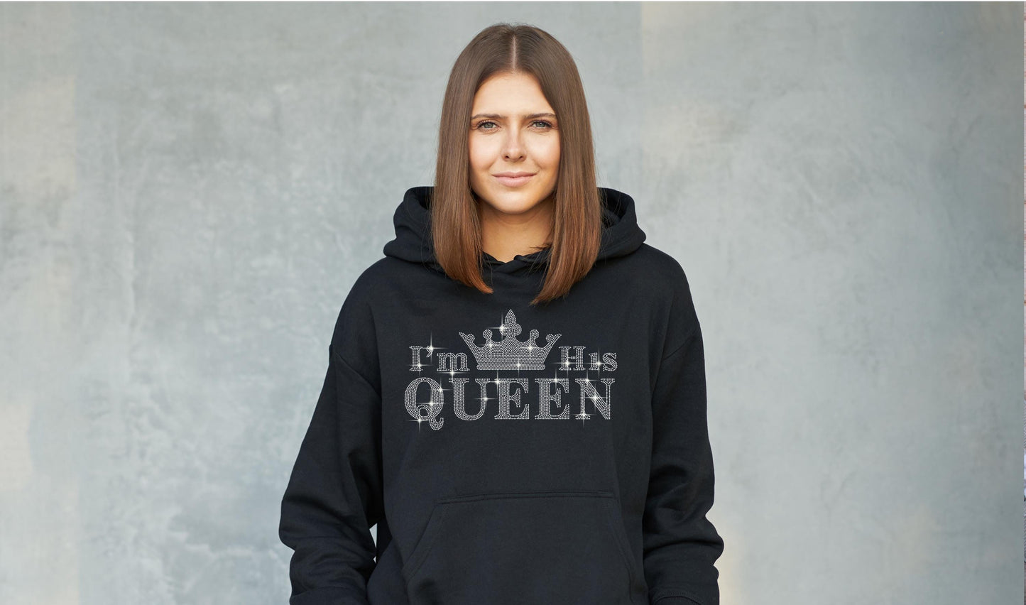 I Am Her King, I Am His Queen Rhinestone Couple T-Shirts or Hoodies - Matching Couple Gift, Anniversary Gift, King and Queen Couples Outfit