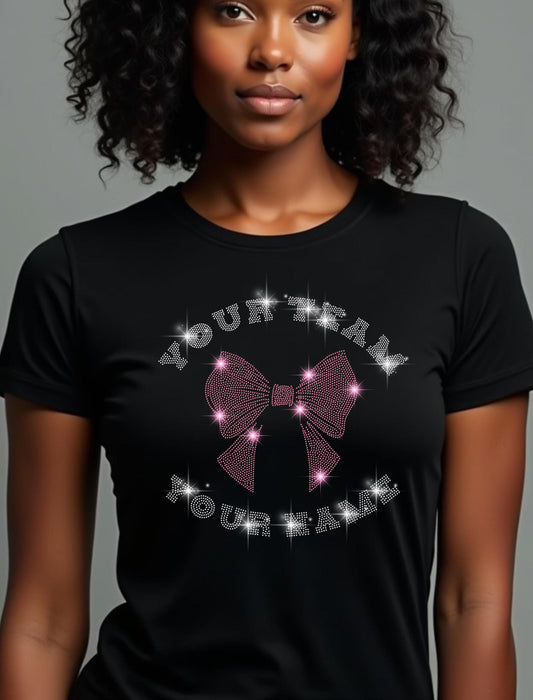 Custom Cheer Bow Rhinestone Shirt - Personalized Team Name & Your Name - Cheerleading Spirit Wear, Cheer Team Gift, Cheer Mom Shirt