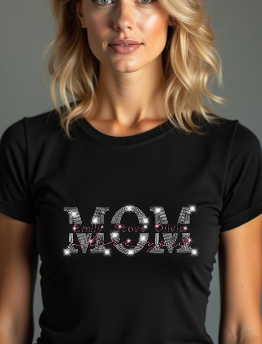 Custom MOM Rhinestone Shirt with Kids' Names Inside - Personalized Mother's Day Shirt, Custom Name Mom Tee, Gift for Mom, Mom Bling Shirt