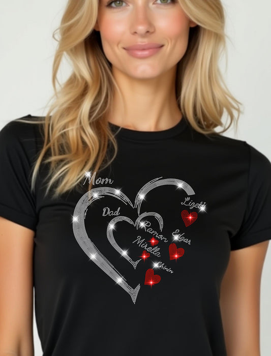 Custom Family Heart Rhinestone Shirt - Mom Dad Kids Names Personalized Shirt - Family Gift, Mother’s Day, Father’s Day Rhinestone Tee