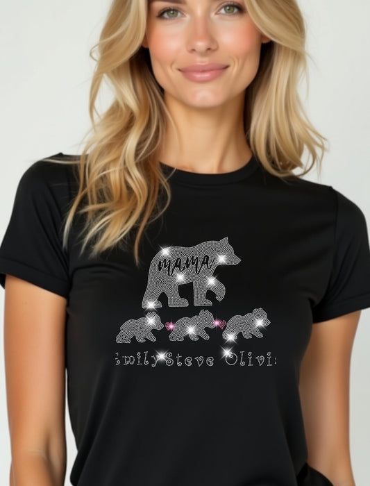 Custom Mama Bear with Cubs Rhinestone Shirt - Personalized Kids Names Mama Bear Tee, Mother's Day Shirt, Family Bear Shirt, Mom Gift