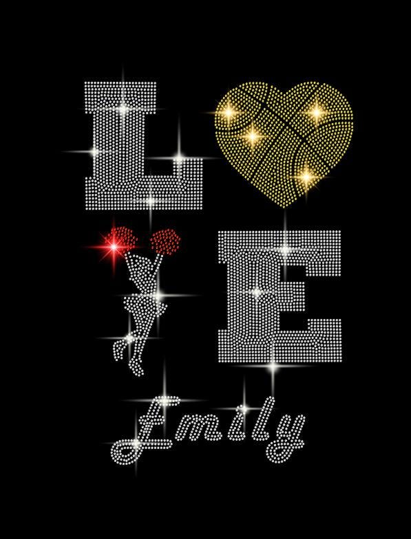 Custom LOVE Rhinestone Shirt - Basketball Cheerleader Design - Personalized Name Tee, Basketball Cheer Mom Shirt, Team Spirit Gift