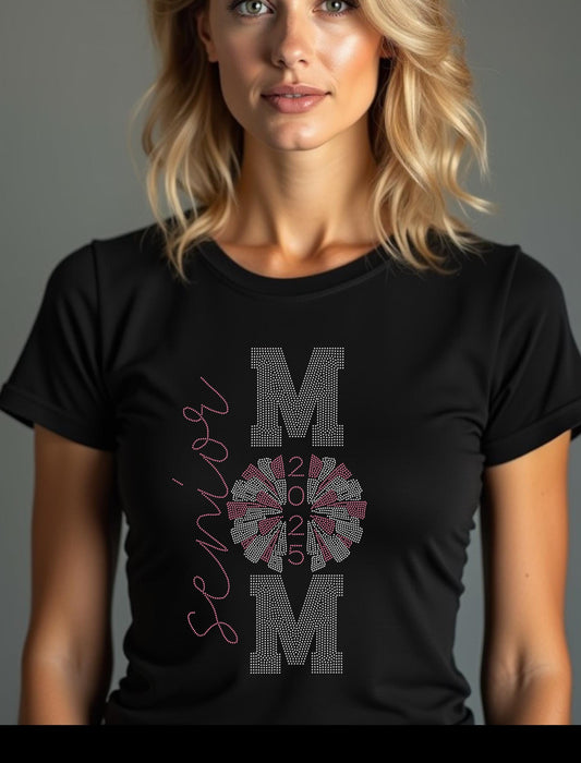 Senior Mom 2025 Cheer Rhinestone Shirt - Personalized Rhinestone Color - Cheer Mom Graduation Shirt, Senior Cheer Mom Gift, Cheer Apparel