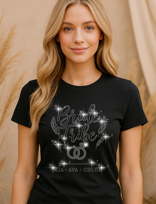Bride Tribe Custom Rhinestone Shirt - Personalized Bridesmaid Names - Bachelorette Party Tee, Wedding Gift, Bridal Party Shirt