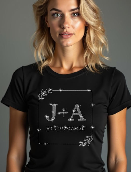 Custom Couple Initials Rhinestone Shirt - Personalized Monogram + Date - Wedding Gift, EST Anniversary Tee, Engagement Gift Shirt