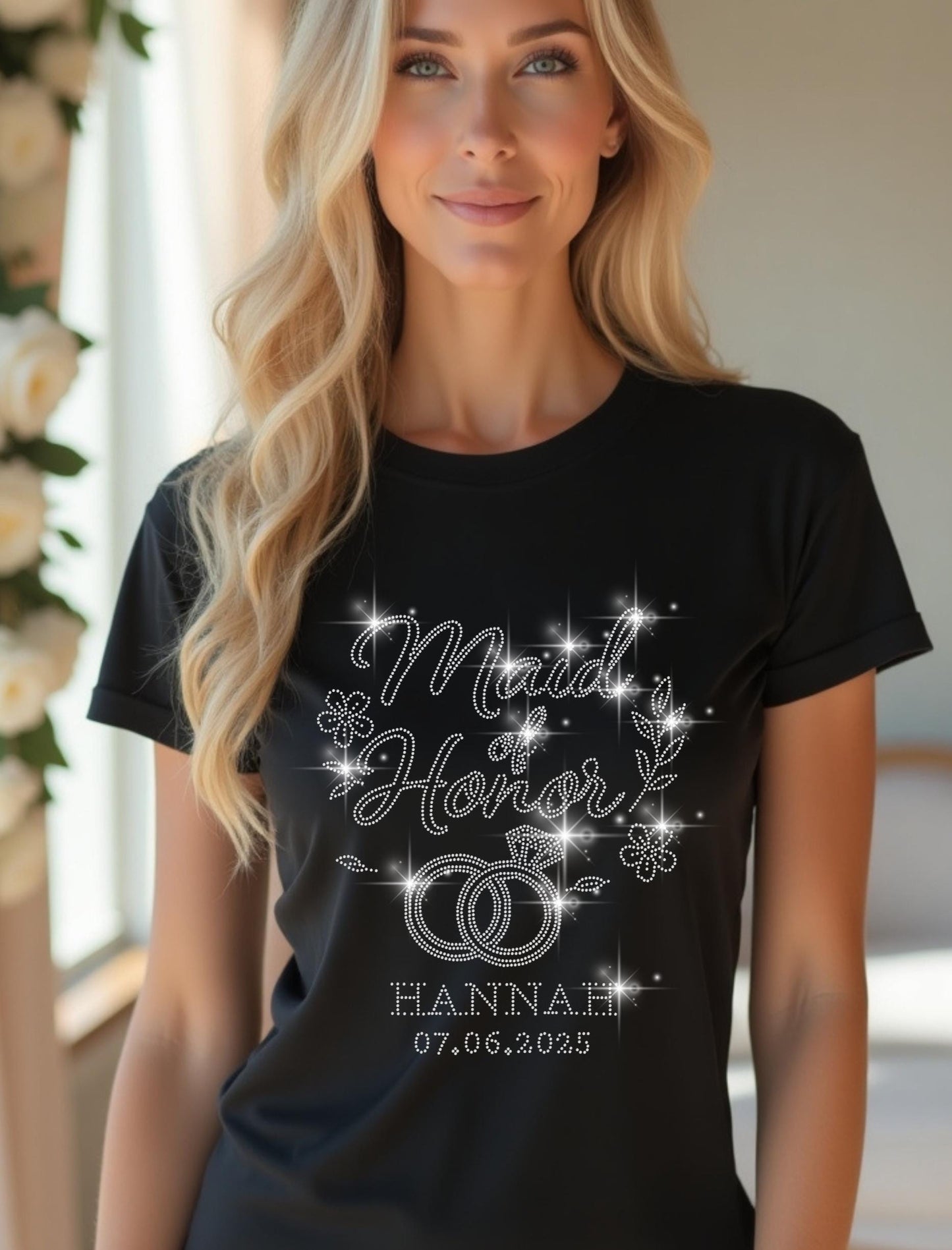 Custom Maid of Honor Rhinestone Shirt - Personalized Name - Bridal Party Gift, Wedding Day Tee, Sparkle Maid of Honor Top