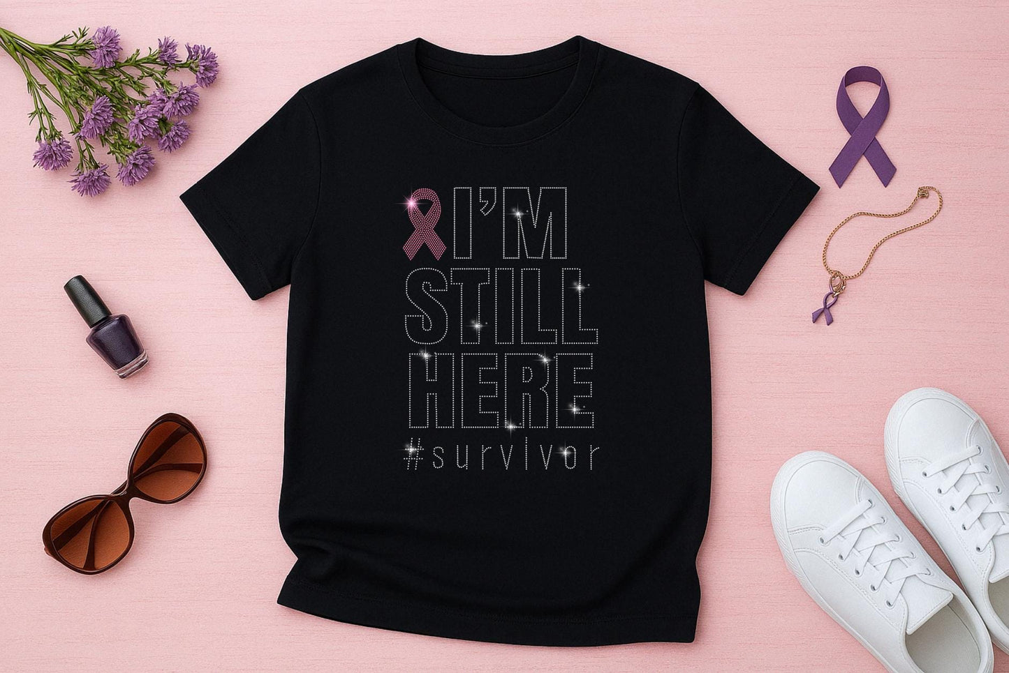 I’m Still Here Rhinestone Survivor Shirt - Breast Cancer Awareness Tee - Pink Ribbon Sparkle Shirt, Cancer Fighter Gift, Survivor Apparel