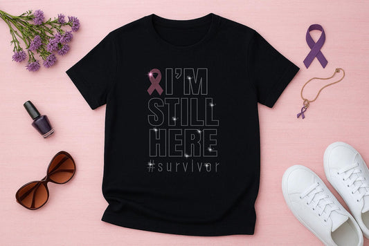 I’m Still Here Rhinestone Survivor Shirt - Breast Cancer Awareness Tee - Pink Ribbon Sparkle Shirt, Cancer Fighter Gift, Survivor Apparel