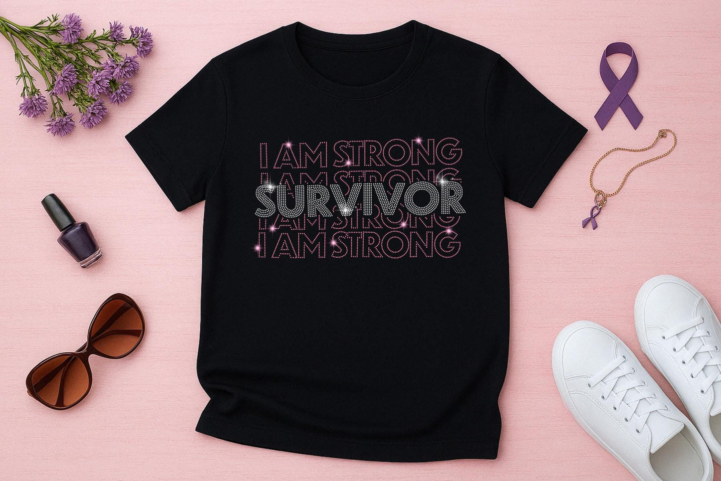 Survivor I Am Strong Rhinestone Shirt - Breast Cancer Awareness Tee - Sparkle Survivor Gift, Cancer Warrior Apparel, Empowerment Shirt