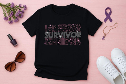 Survivor I Am Strong Rhinestone Shirt - Breast Cancer Awareness Tee - Sparkle Survivor Gift, Cancer Warrior Apparel, Empowerment Shirt