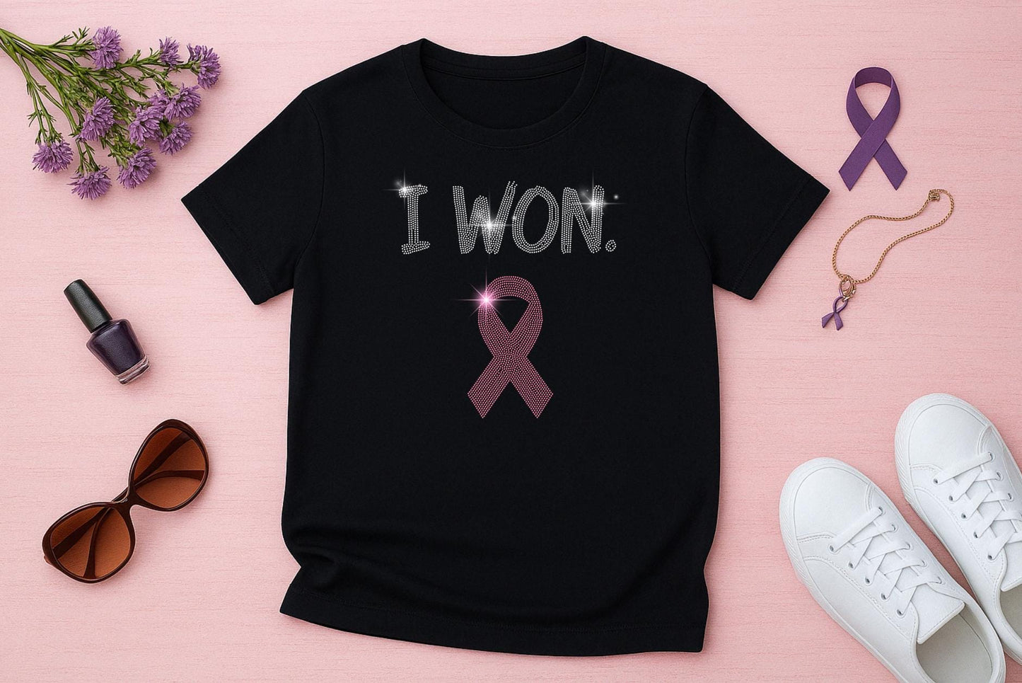 I WON. Rhinestone Survivor Shirt - Pink Ribbon Cancer Victory Tee - Breast Cancer Awareness Gift, Survivor Celebration Shirt