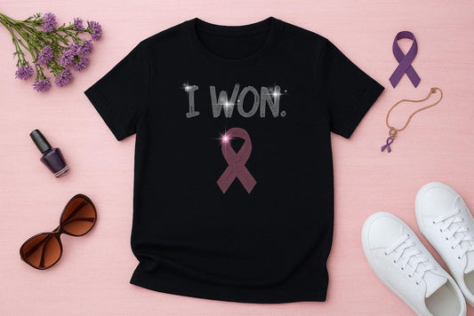 I WON. Rhinestone Survivor Shirt - Pink Ribbon Cancer Victory Tee - Breast Cancer Awareness Gift, Survivor Celebration Shirt