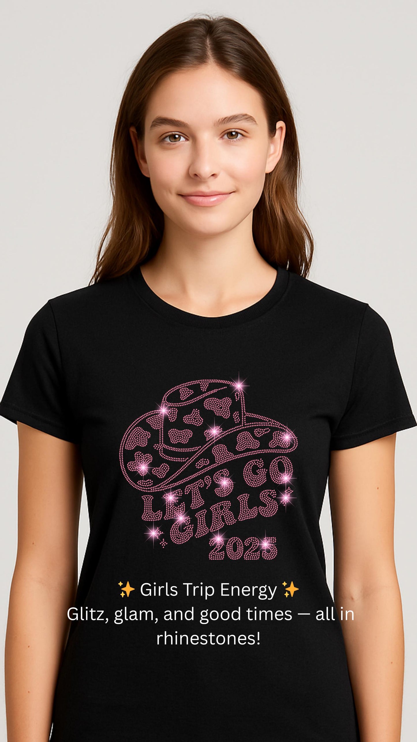 Girls Trip Rhinestone Shirt - 4 Sparkle Designs - Let’s Go Girls, Peace Love Trip, Girls On The Loose, Palm Paradise Tee, 2025 Travel Shirt