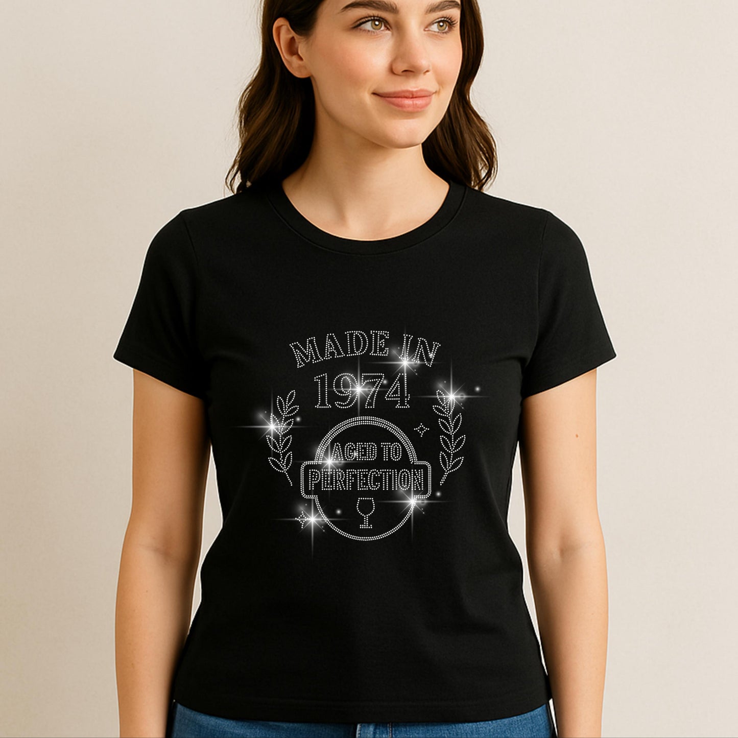 Birthday Rhinestone Shirt – 9 Sparkling Designs – 50 & Fabulous, Vintage 1975, Chapter 50, Made in 1974, Party Crew, Custom Age Tee
