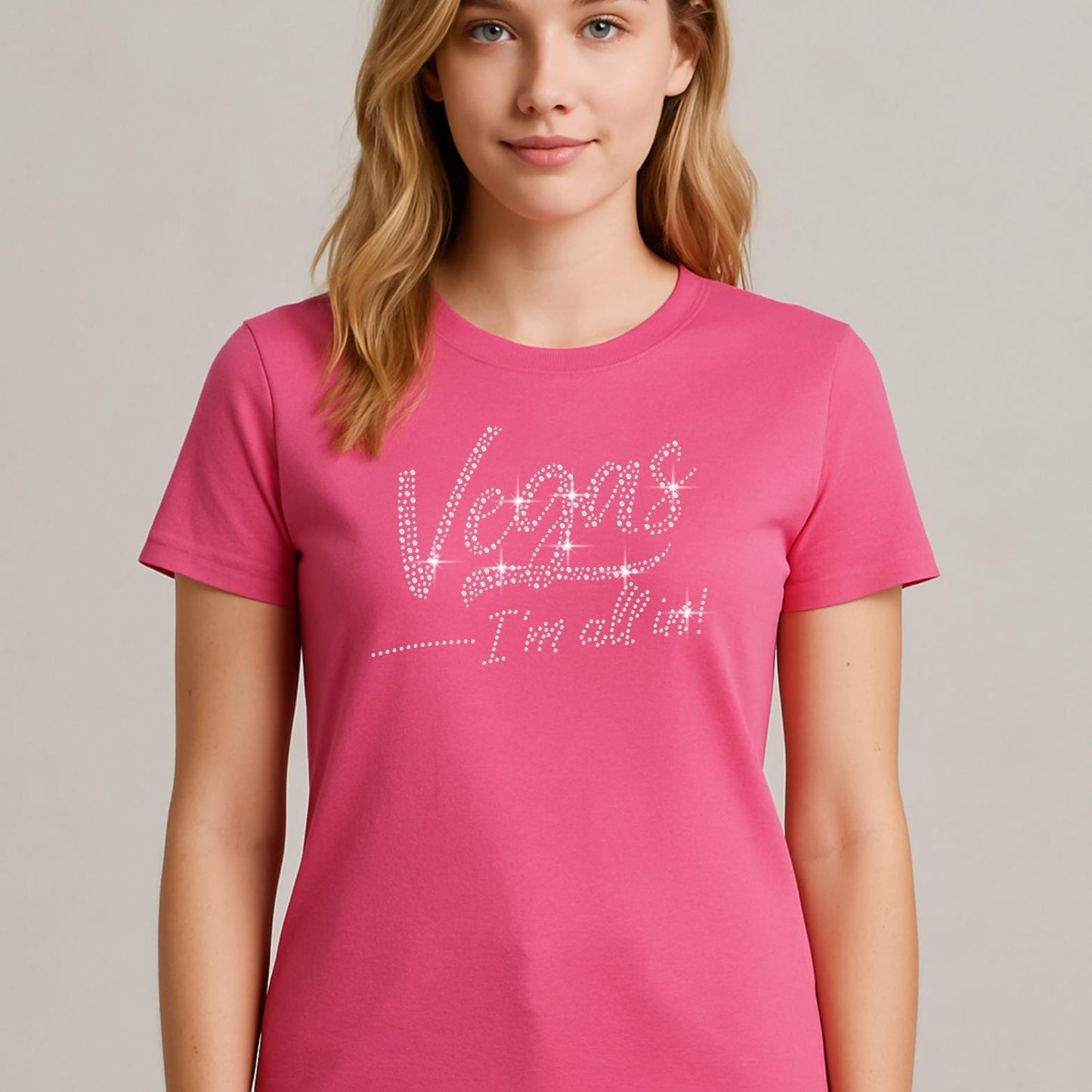 Vegas I'm All In Rhinestone Iron-On Transfer – 8.9"x6.3" SS10 Sparkle Hotfix for DIY T-Shirts, Vegas Trip, Party Shirts, Gifts
