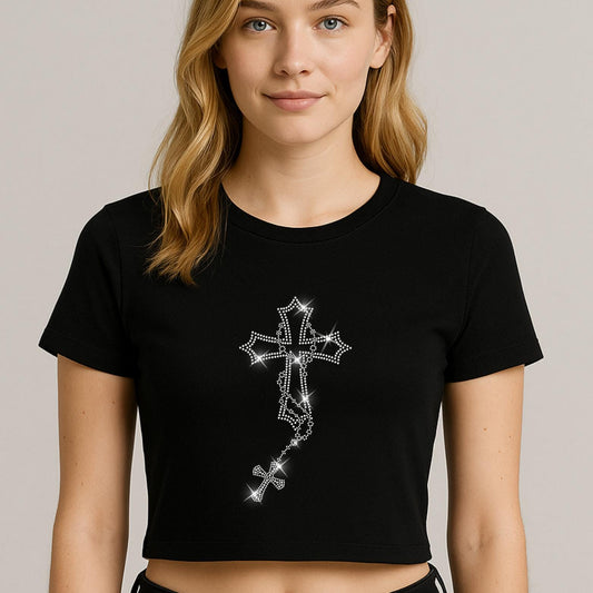 Rhinestone Gothic Cross Rosary Iron On Transfer – SS6 & SS10 Diamanté Hotfix Patch – Prayer Beads Applique for DIY Shirts  Jackets