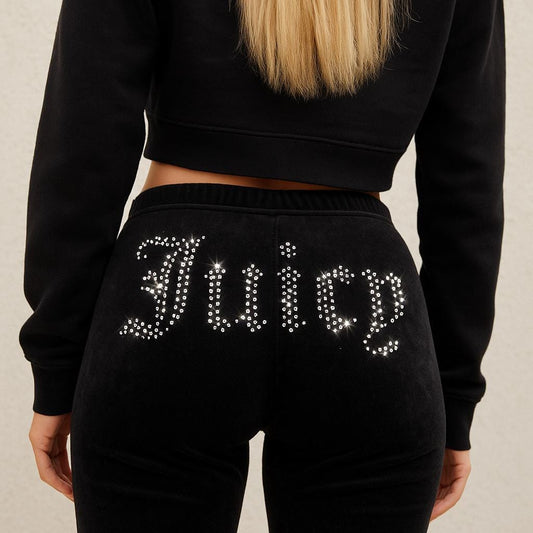 Juicy Rhinestone Iron-On Transfer – 4.7"x10.6" Sparkly Hotfix Crystal Design for Pants, Hoodies, Tracksuits, Y2K & DIY Fashion