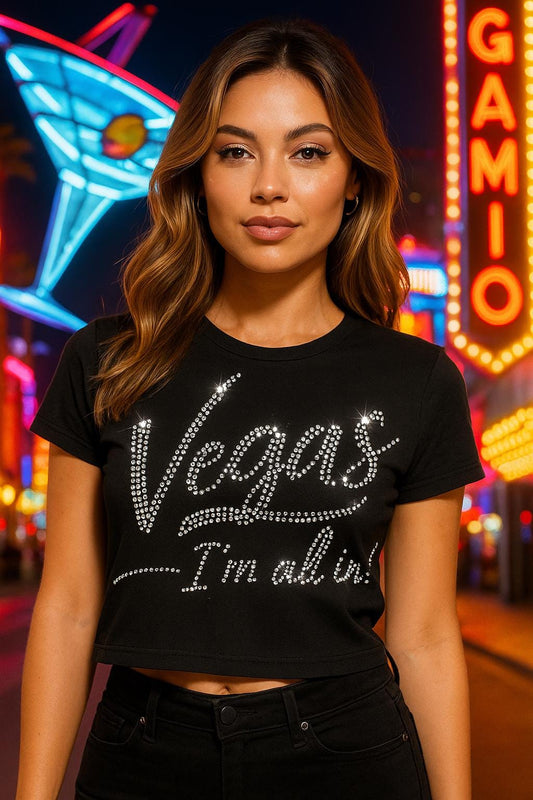 Vegas I'm All In Rhinestone Iron-On Transfer – 8.9"x6.3" SS10 Sparkle Hotfix for DIY T-Shirts, Vegas Trip, Party Shirts, Gifts