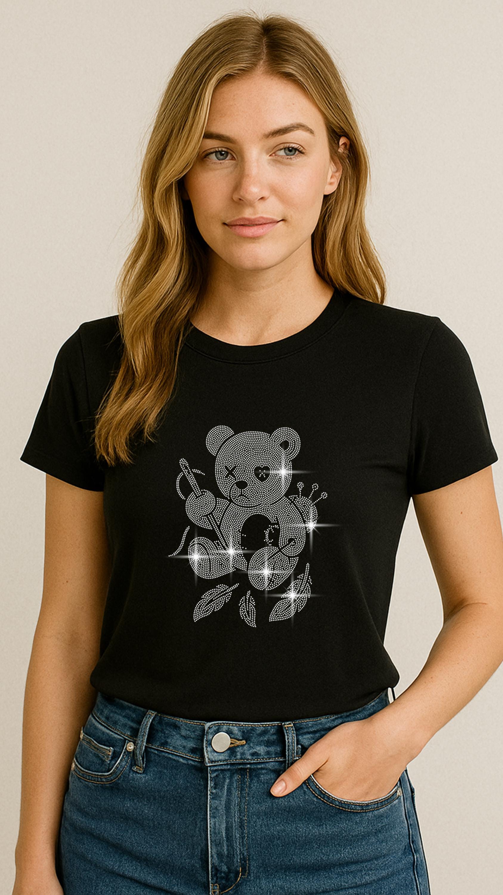 Needle and thread teddy bear rhinestone design on black T-shirt