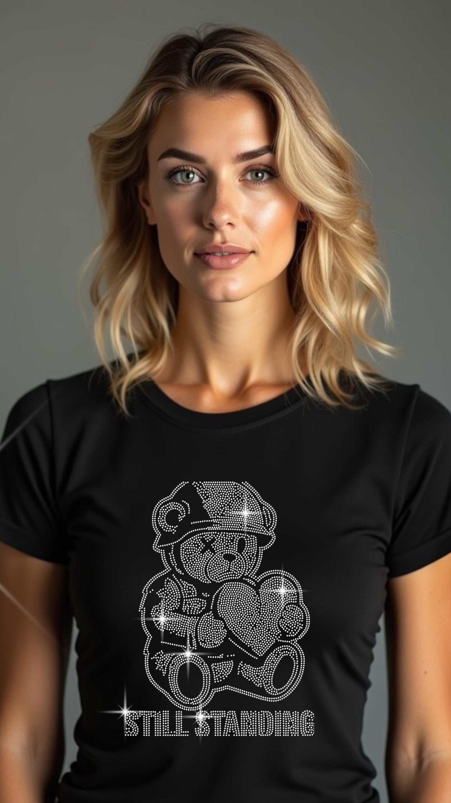 Still Standing teddy bear rhinestone design on black T-shirt
