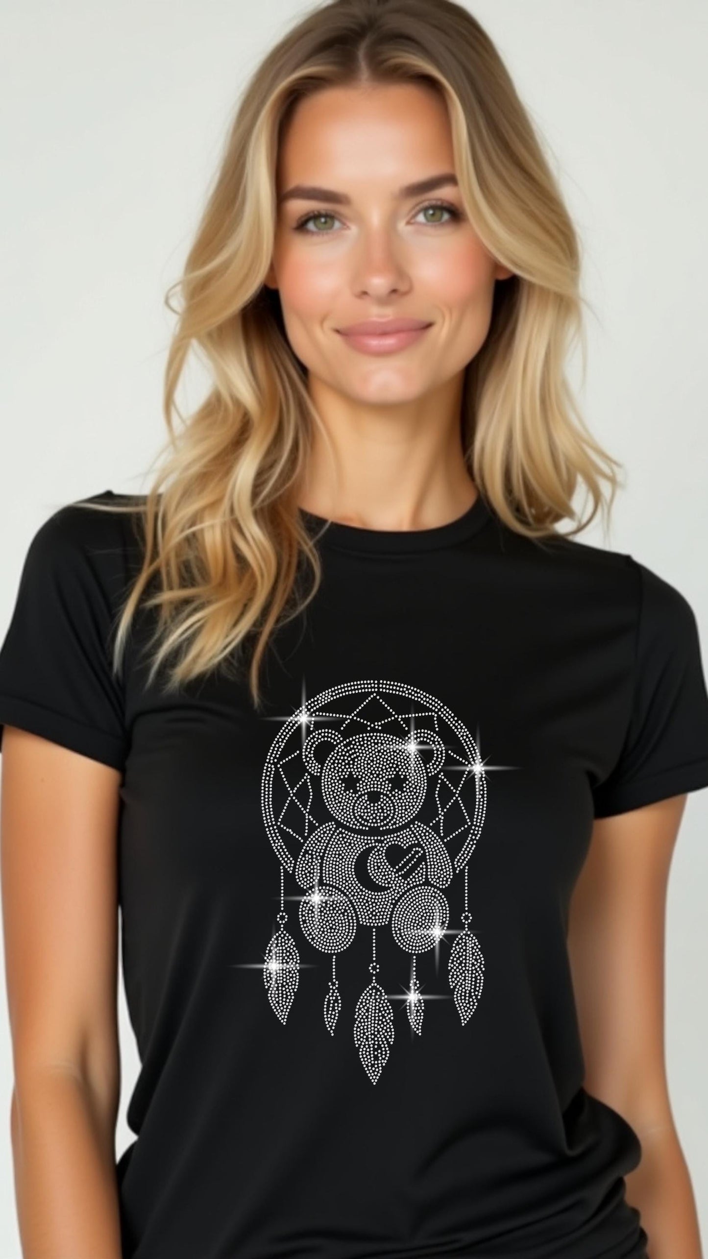 Dreamcatcher teddy bear rhinestone design on black T-shirt