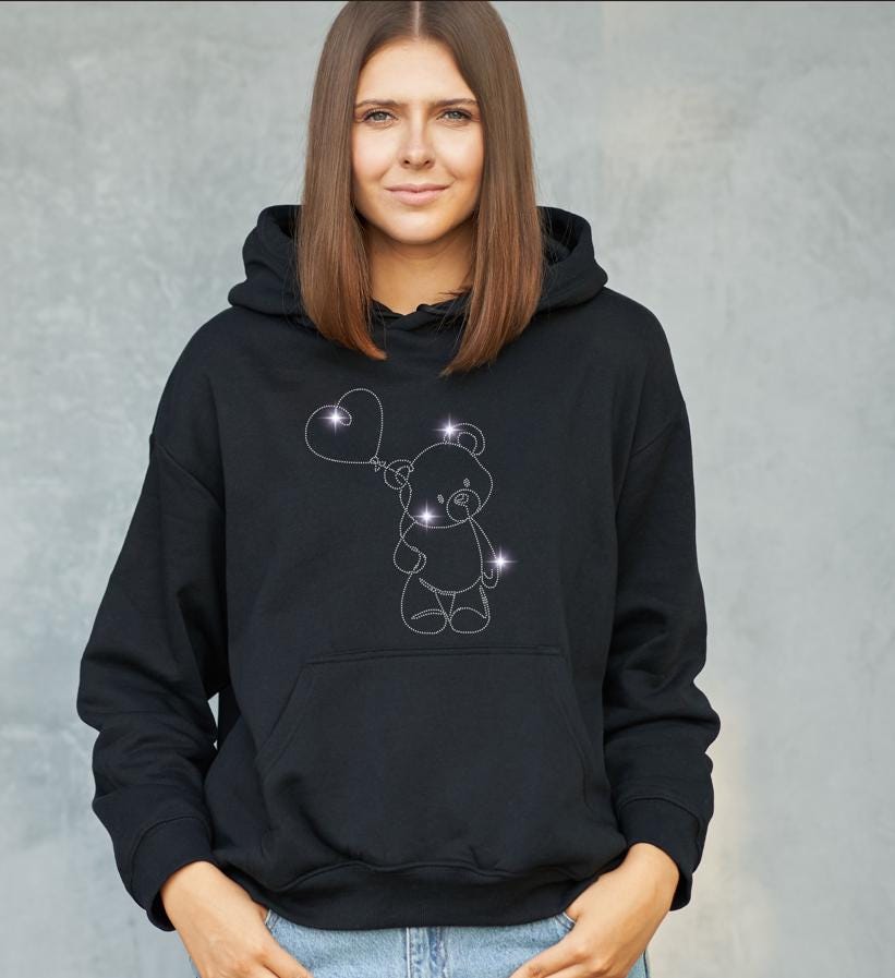 Heart balloon teddy bear rhinestone design on black hoodie