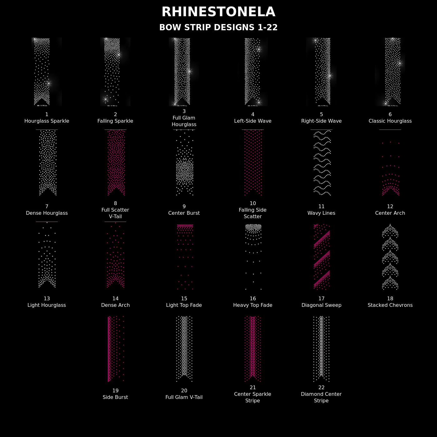 RhinestoneLA numbered cheer bow strip designs 1 through 22