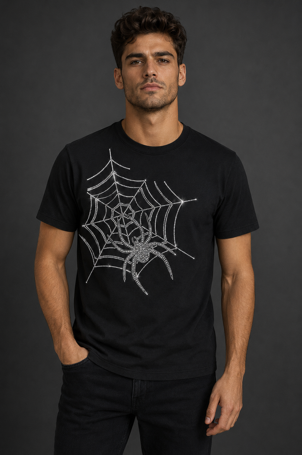 Male model wearing a black T-shirt with a crystal rhinestone spider web design