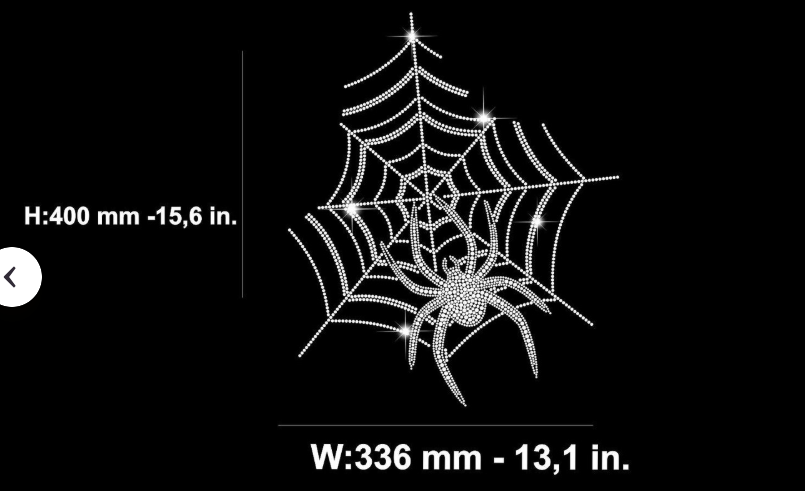 Crystal rhinestone spider and spider web design, 13.1 inches wide by 15.6 inches high