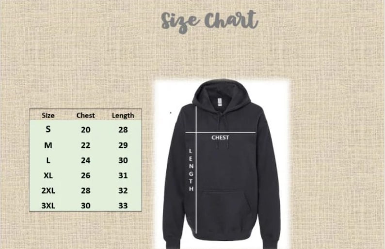 Unisex hoodie size chart